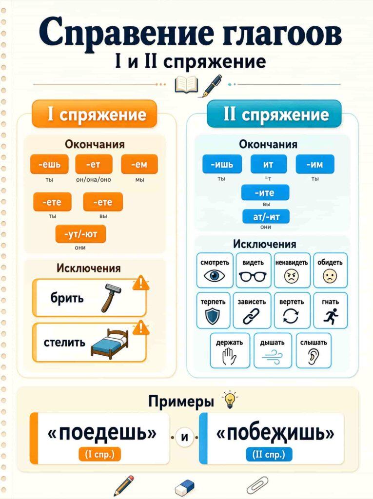 Таблица спряжений глаголов: поедешь относится к I спряжению, окончание -ешь