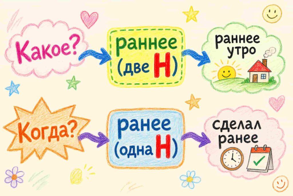 Алгоритм выбора между раннее и ранее: задаём вопрос какое или когда