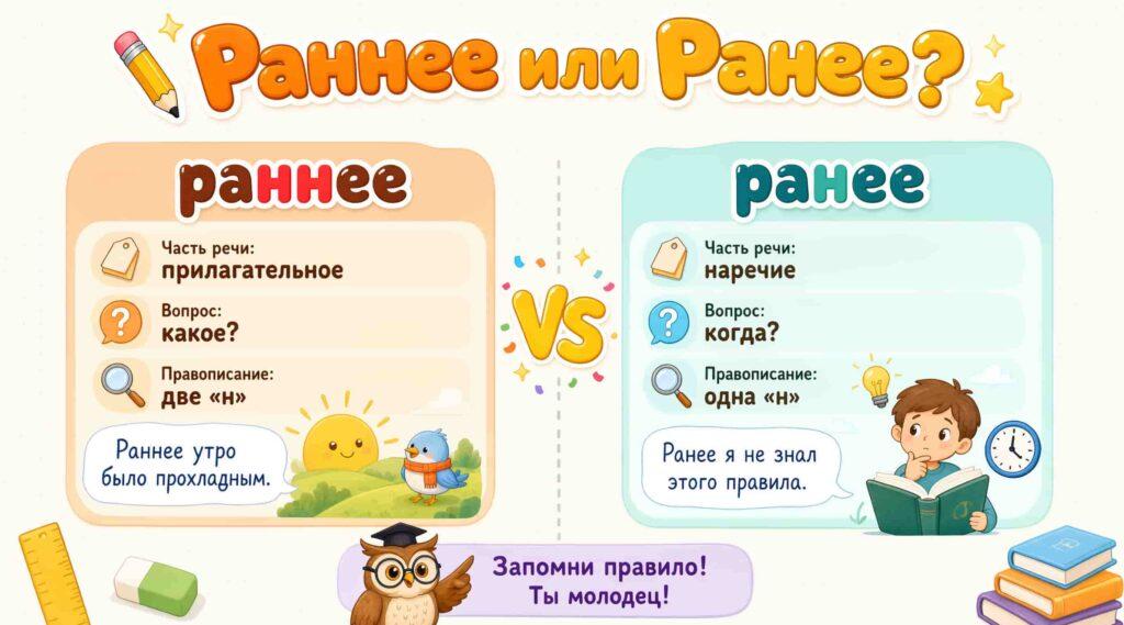 Таблица сравнения раннее и ранее: прилагательное и наречие, две Н и одна Н